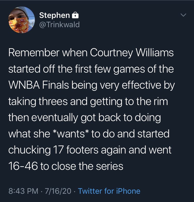 Remember when Courtney Williams started off being very effective taking threes and getting to the rim then went back to chucking 17 footers and shot poorly the rest of the series.